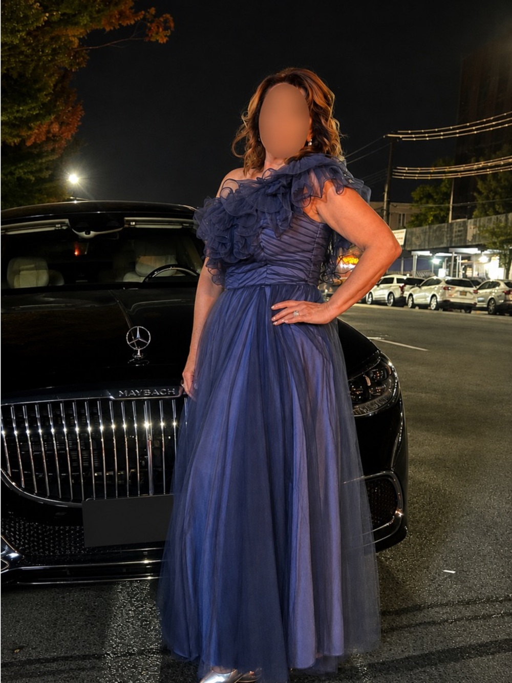 One-Shoulder Navy Evening Gown with Floral Ruffle